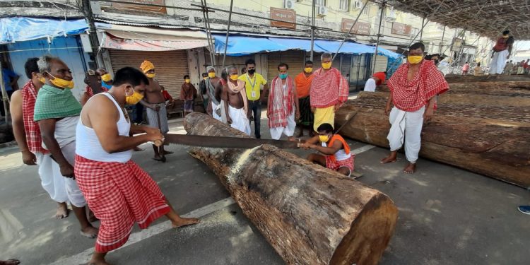 Maharana servitors start chariot construction for Rath Yatra