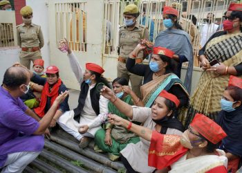 Protests in Varanasi. (PTI photo)