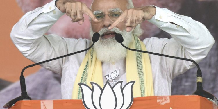 Sasaram: Prime Minister Narendra Modi addresses a gathering during an election rally, in Sasaram, Friday, Oct. 23, 2020. (PTI Photo)(PTI23-10-2020_000047B)