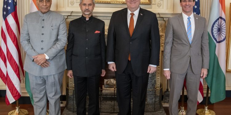 India's Defence Minister Rajnath Singh, from left, and External Affairs Minister S. Jaishankar with United States Secretary of State Mike Pompeo and Defence Secretary Mark Esper at the India-US 2+2 Ministerial Dialogue in Washington in December 2019. (Photo: State Dept./IANS)