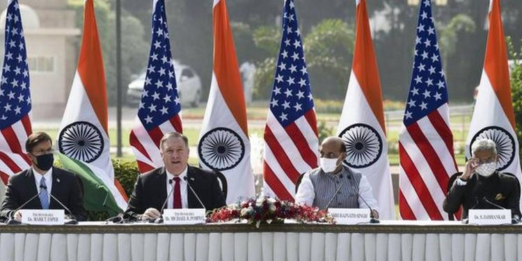 India's Defence Minister Rajnath Singh speaks next to US Secretary of State Mike Pompeo, US Secretary of Defence Mark Esper and India's Foreign Minister Subrahmanyam Jaishankar during a joint news conference after their meeting at Hyderabad House in New Delhi. (PTI)