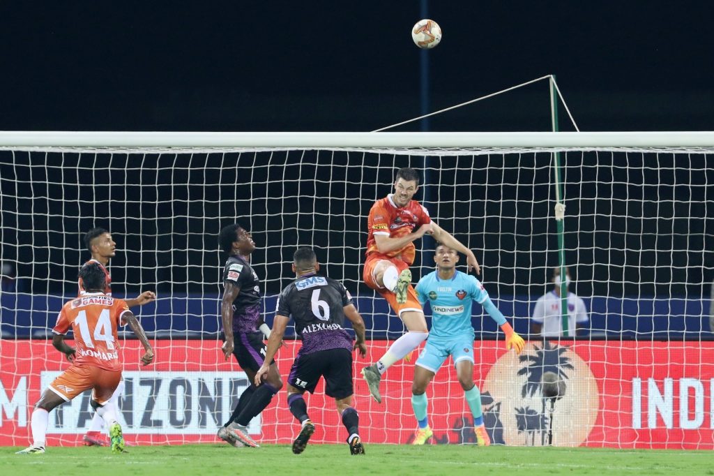 FC Goa's James Donachie clears an aerial ball during match 25 of Hero ISL7 at the Bambolim Stadium on Saturday. (Photo: ISL)