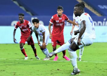 Esmael Ruti Tavares Cruz Da Silva Goncalves of Chennaiyin FC score goal during match 57 of the 7th season of the Hero Indian Super League between Odisha FC and Chennaiyin FC held at the GMC Stadium Bambolim, Goa, India on the 13th January 2021

Photo by Arjun Singh / Sportzpics for ISL