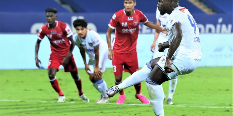 Esmael Ruti Tavares Cruz Da Silva Goncalves of Chennaiyin FC score goal during match 57 of the 7th season of the Hero Indian Super League between Odisha FC and Chennaiyin FC held at the GMC Stadium Bambolim, Goa, India on the 13th January 2021

Photo by Arjun Singh / Sportzpics for ISL