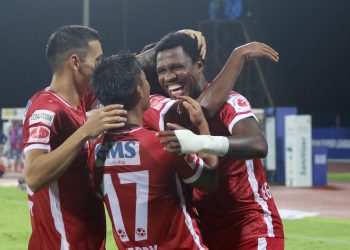 Odisha FC players celebrates a goal during match 50 of the 7th season of the Hero Indian Super League between Kerala Blasters FC and Odisha FC held at the GMC Stadium Bambolim, Goa, India on the 7th January 2021

Photo by Vipin Pawar/ Sportzpics for ISL