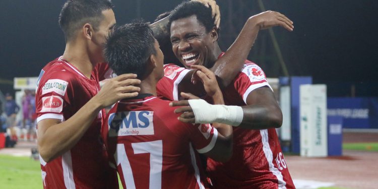 Odisha FC players celebrates a goal during match 50 of the 7th season of the Hero Indian Super League between Kerala Blasters FC and Odisha FC held at the GMC Stadium Bambolim, Goa, India on the 7th January 2021

Photo by Vipin Pawar/ Sportzpics for ISL