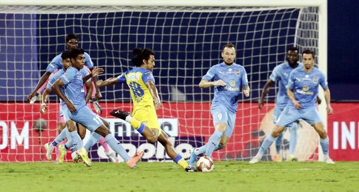 Sahal Abdul Samad of Kerala Blasters FC during a match of the Hero Indian Super League against Mumbai City FC. (PTI photo)