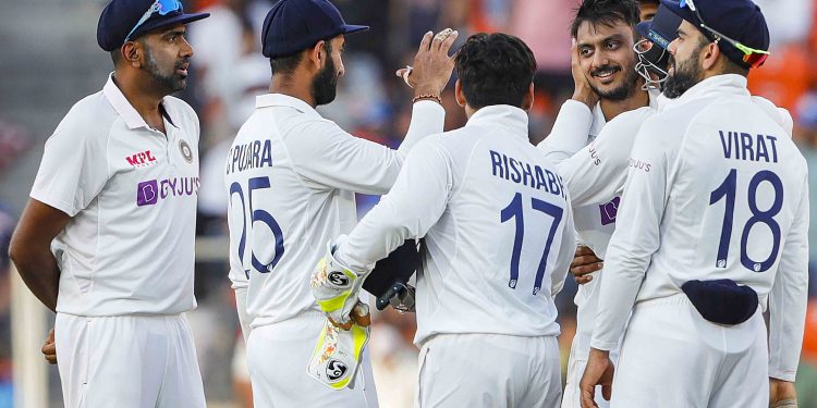 **EDS: TWITTER IMAGE POSTED BY @BCCI ON THURSDAY, FEB. 25, 2021** Ahmedabad: Indian team celebrates the dismissal of England's Joe Root on the second day of the 3rd cricket test match between India and England, at Narendra Modi Stadium in Ahmedabad, Thursday, Feb. 25, 2021. (PTI Photo) (PTI02_25_2021_000187B)