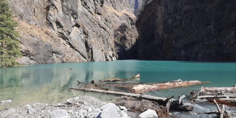 A natural lake has been formed in Uttarakhand's Murenda area after the recent floods that wreacked havoc in Chamoli district of the state. Pic- IANS