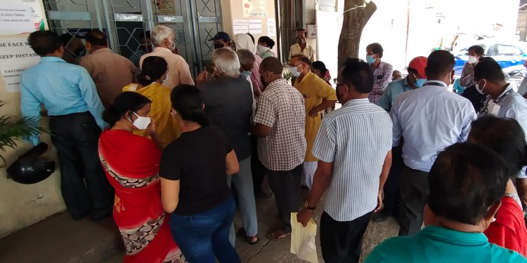 Social distancing norm goes for a toss at a vaccination centre in Cuttack