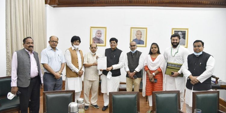 BJD MPs submit a memorandum to Union Consumer Affairs, Food and Public Distribution Minister Piyush Goyal, Tuesday