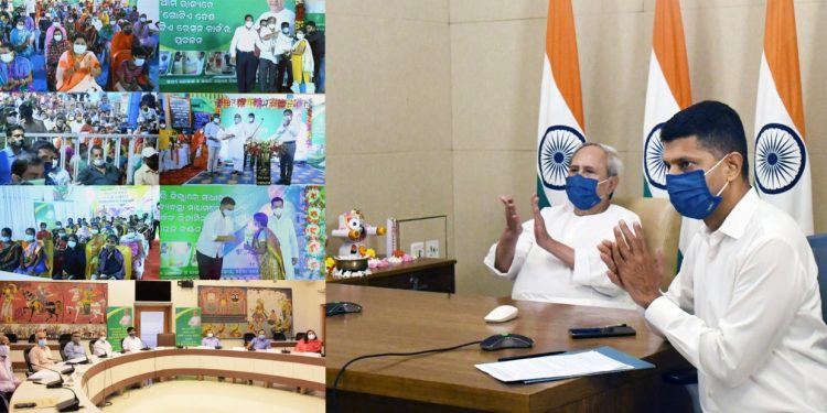 Chief Minister Naveen Patnaik rolling out the ‘one nation, one ration’ programme through videoconferencing, Thursday. 5T Secretary VK Pandian is also present