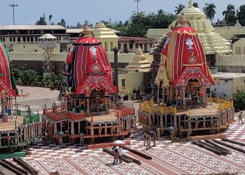 Chariots of Lord Jagannath, Lord Balabhadra and Devi Subhadra parked outside the Lions’ Gate of Srimandir on the eve of Rath Yatra festival in Puri, Sunday     	(PIC: Yagneswar Mohanty)