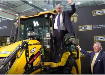 Boris Johnson hopped onto a JCB vehicle during his visit to a JCB factory in Gujarat (Image: BorisJohnson/Twitter)