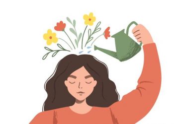 Thinking positve as a mindset. Woman watering plants that symbolize happy thoughts. Flat vector illustration