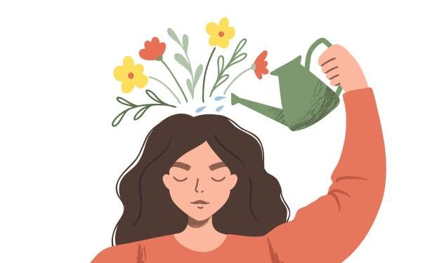 Thinking positve as a mindset. Woman watering plants that symbolize happy thoughts. Flat vector illustration