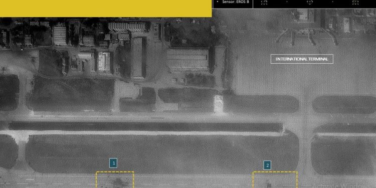 Satellite image released by Israeli agency showing damage and repair works at Syria’s Aleppo International Airport after the airstrike (Image: ImageSatIntl/Twitter)