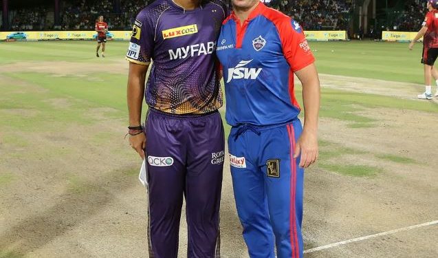 Nitish Rana and David Warner during toss of a match between DC and KKR (Image: iplt20.com)