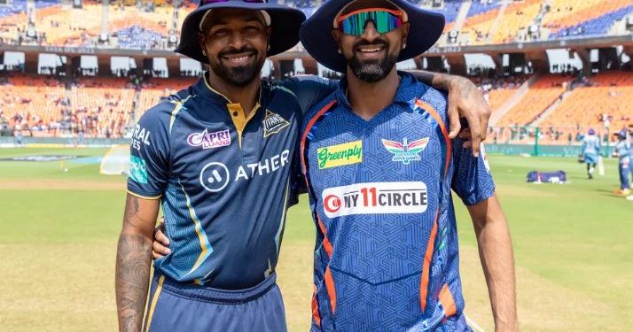 Hardik Pandya and Krunal Pandya during the toss of a match between Gujarat Titans and Lucknow Super Giants (Image: iplt20.com)