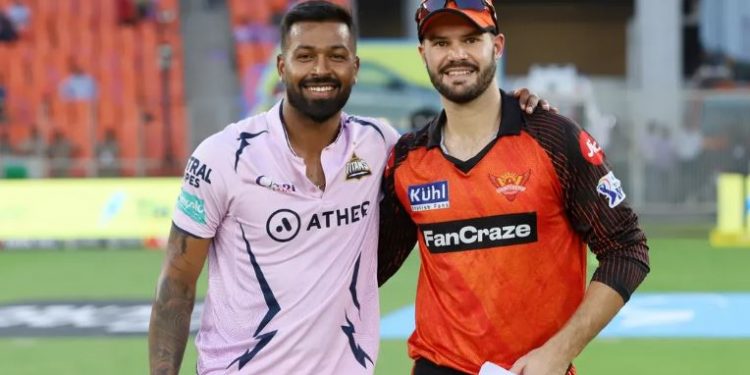 Hardik Pandya and Aiden Markram during the toss of an IPL match between Gujarat Titans and Sunrisers Hyderabad (Image: iplt20.com)