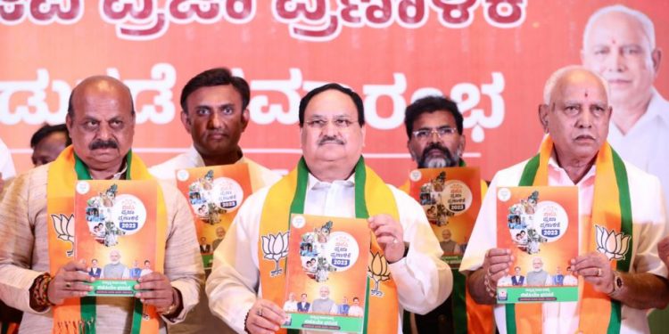 BJP presents its election manifesto for the Karnataka Assembly Polls 2023 (Image: Twitter: JPNadda/Twitter)