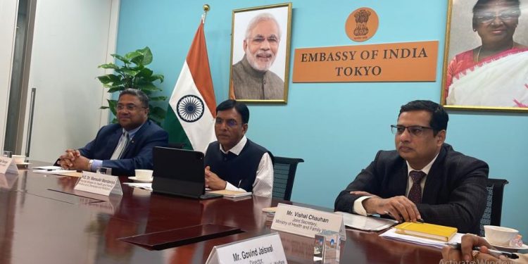 Mansukh Mandaviya interacts with members of the Japan Pharmaceutical Manufacturers Association (JPMA) at the Indian Embassy in Tokyo (Image: mansukhmandviya/Twitter)