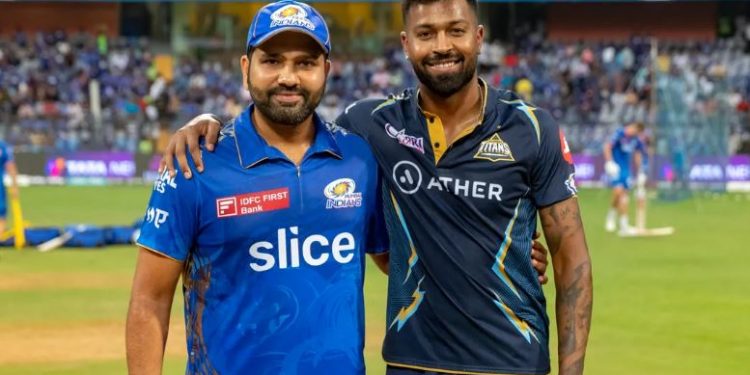 Rohit Sharma and Hardik Pandya during the toss of an IPL match between Mumbai Indians and Gujarat Titans (Image: iplt20.com)