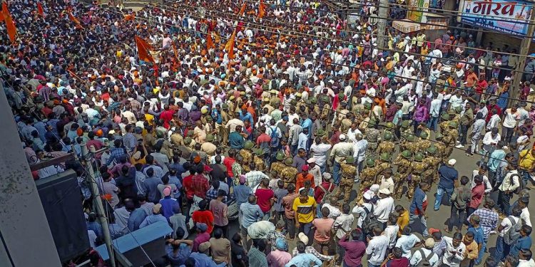 People gather to protest against the alleged use of Tipu Sultan’s image in social media posts in Kolhapur district June 7, 2023. (PTI)