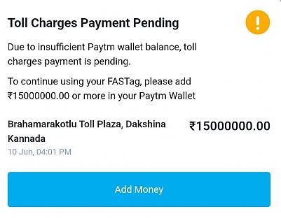 Paytm Fastag user charged Rs 1.5 crore for NHAI toll!  