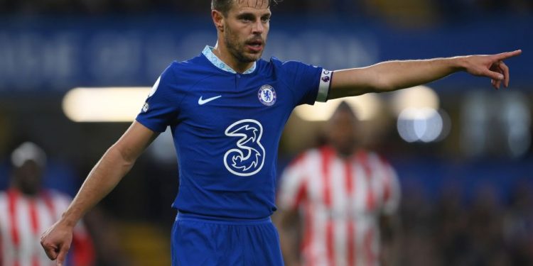 LONDON, ENGLAND - APRIL 26:  Cesar Azpilicueta of Chelsea in action during the Premier League match between Chelsea FC and Brentford FC at Stamford Bridge on April 26, 2023 in London, England. (Photo by Mike Hewitt/Getty Images)