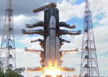 India's heavy-lift rocket LVM3 lifting off with Chandrayaan-3 payload into space