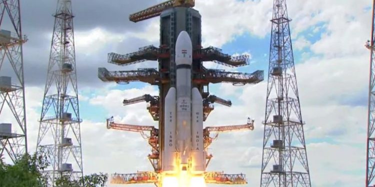 India's heavy-lift rocket LVM3 lifting off with Chandrayaan-3 payload into space