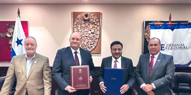 Chief Election Commissioner of India, Rajiv Kumar with Presiding Magistrate, Electoral Tribunal of Panama, Mr. Alfredo Juncá Wendehake signs MoU on ‘Electoral cooperation’ at Panama city