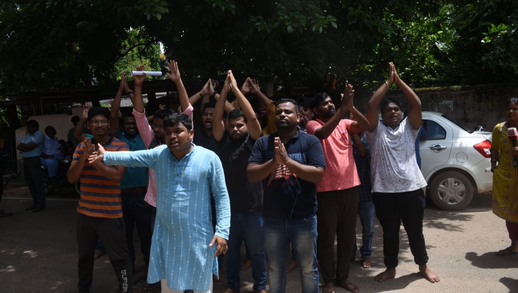 JE (Civil) aspirants demonstrate in front of OSSC office in Bhubaneswar over question paper leak