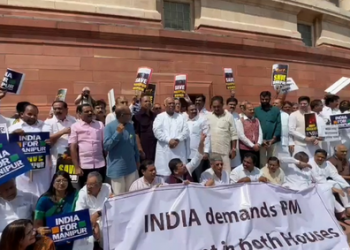 Opposition MPs stage protest near Gandhi statue in Parliament complex, demand PM's statement on Manipur