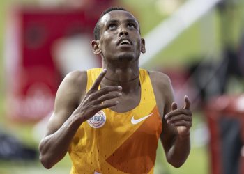 Berihu Aregawi of Ethiopia celebrates after winning the 5000m Men during the World Athletics Diamond League Athletissima athletics meeting at the Stade Olympique de la Pontaise in Lausanne, Switzerland, Friday, June 30, 2023. (Valentin Flauraud/Keystone via AP)