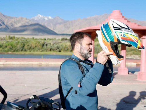 Rahul Gandhi rides his bike from Leh to Pangong lake