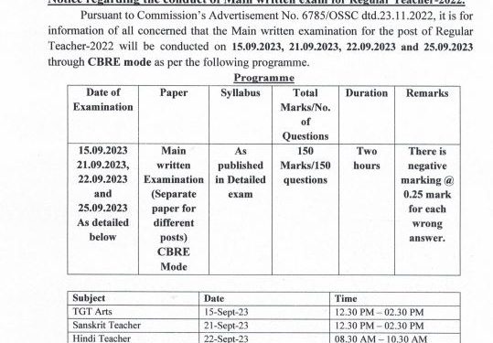 Odisha Regular Teacher-2022 recruitment: OSSC announces main exam schedule, click here complete details