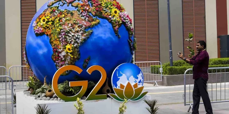 A G20-themed installation put up at the Bharat Mandapam in preparation of the G20 Summit, at Pragati Maidan in New Delhi. (Photo: PTI)