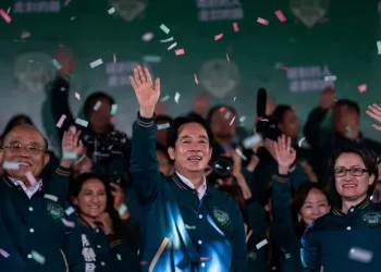 Taiwanese Vice President Lai Ching-te, also known as William Lai, left, celebrates his victory with running mate Bi-khim Hsiao in Taipei, Taiwan. [Louise Delmotte/AP Photo]