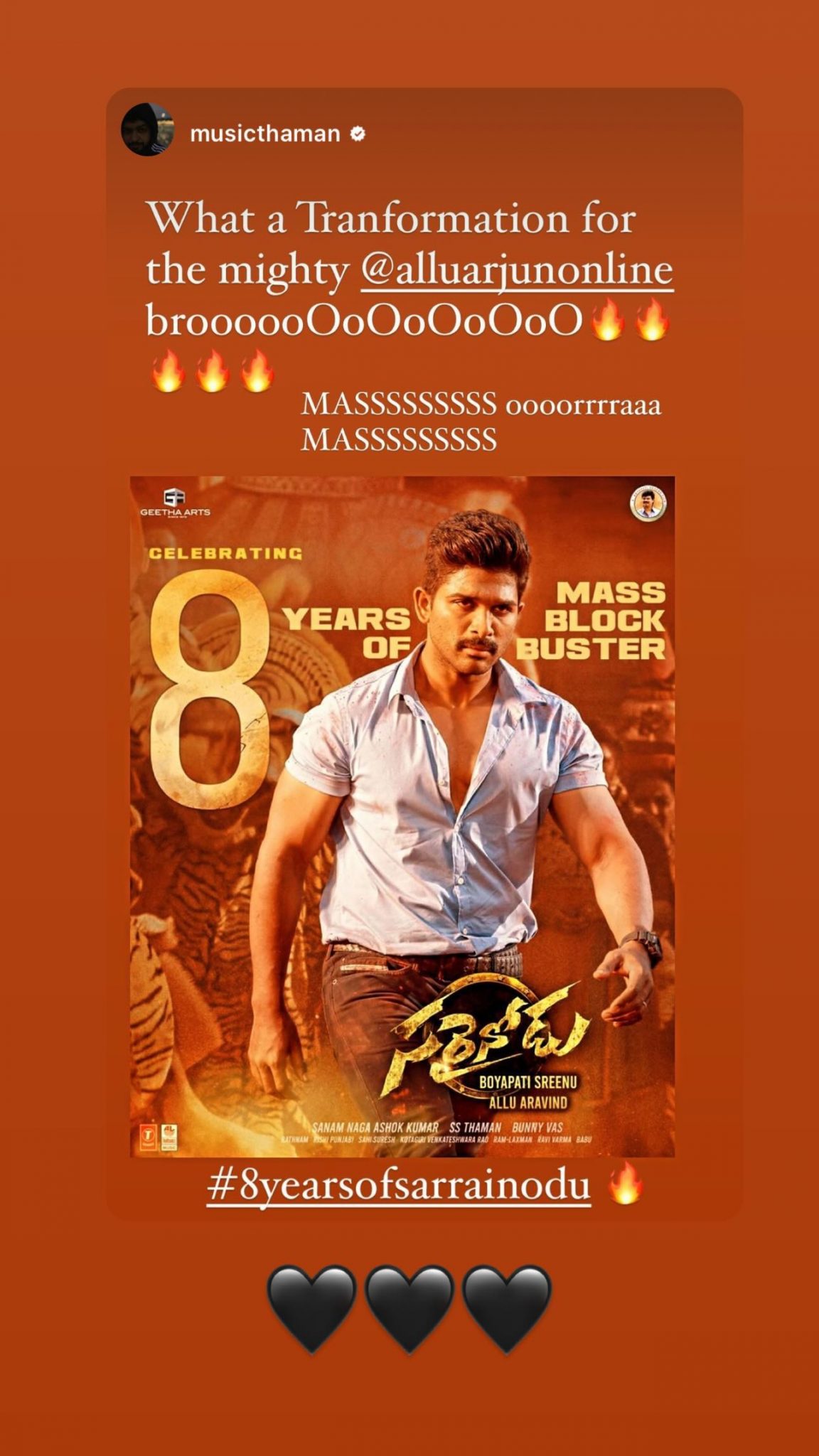 Allu Arjun's 'Sarrainodu’ turns eight; composer S. Thaman celebrates ...