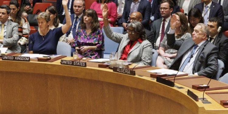 Ambassadors of the Security Council vote in favor of the draft resolution on a ceasefire in Gaza during a meeting at UN Headquarters in New York, New York, USA, 10 June 2024. The council ultimately passed a resolution by the United States that supports a plan presented by US President Joe Biden for a ceasefire in the Israel-Gaza conflict. [EPA-EFE/SARAH YENESEL]