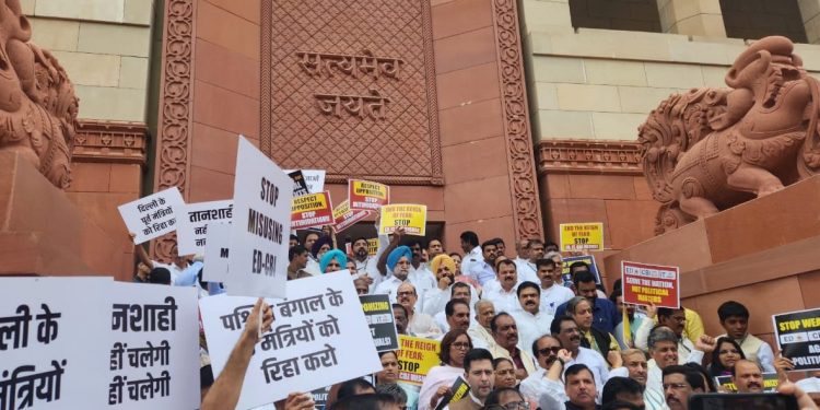 Stop misusing agencies to silence opposition: INDIA bloc MPs stage protest against govt