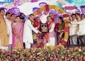 Puri: Odisha Chief Minister Mohan Charan Majhi with BJP MLAs at a rally celebrating 100 days of BJP governance, in Puri, Thursday, Sept. 19, 2024. (PTI Photo)  (PTI09_19_2024_000436B)