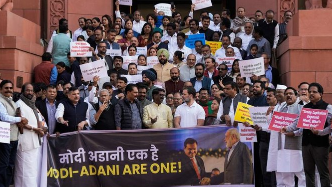 Opposition MPs protest on Adani issue in Parliament premises with black 'jholas'