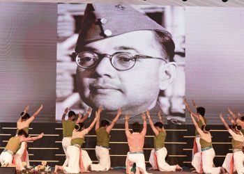 Artists perform at Satyabrata Stadium on Parakram Diwas  (Pic - X/@MohanMOdisha)